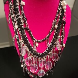 Black and Silver Cascading Necklace with Layered Chains